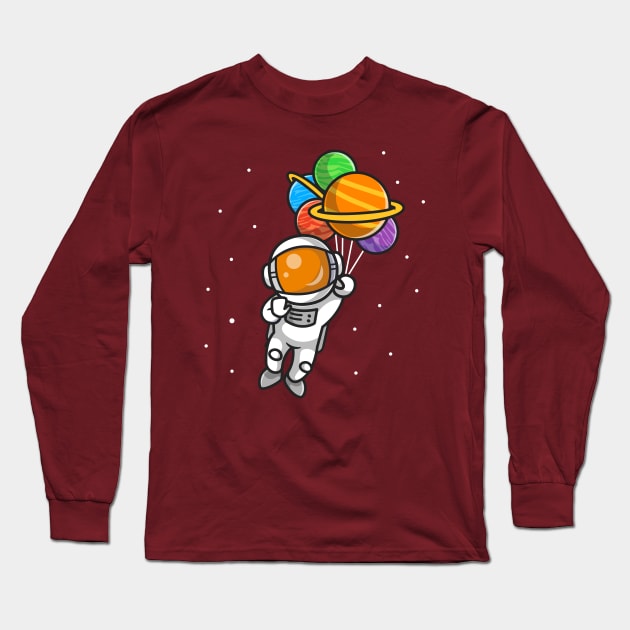 Cute Astronaut Flying With Planet Balloons In Space Cartoon Long Sleeve T-Shirt by Catalyst Labs